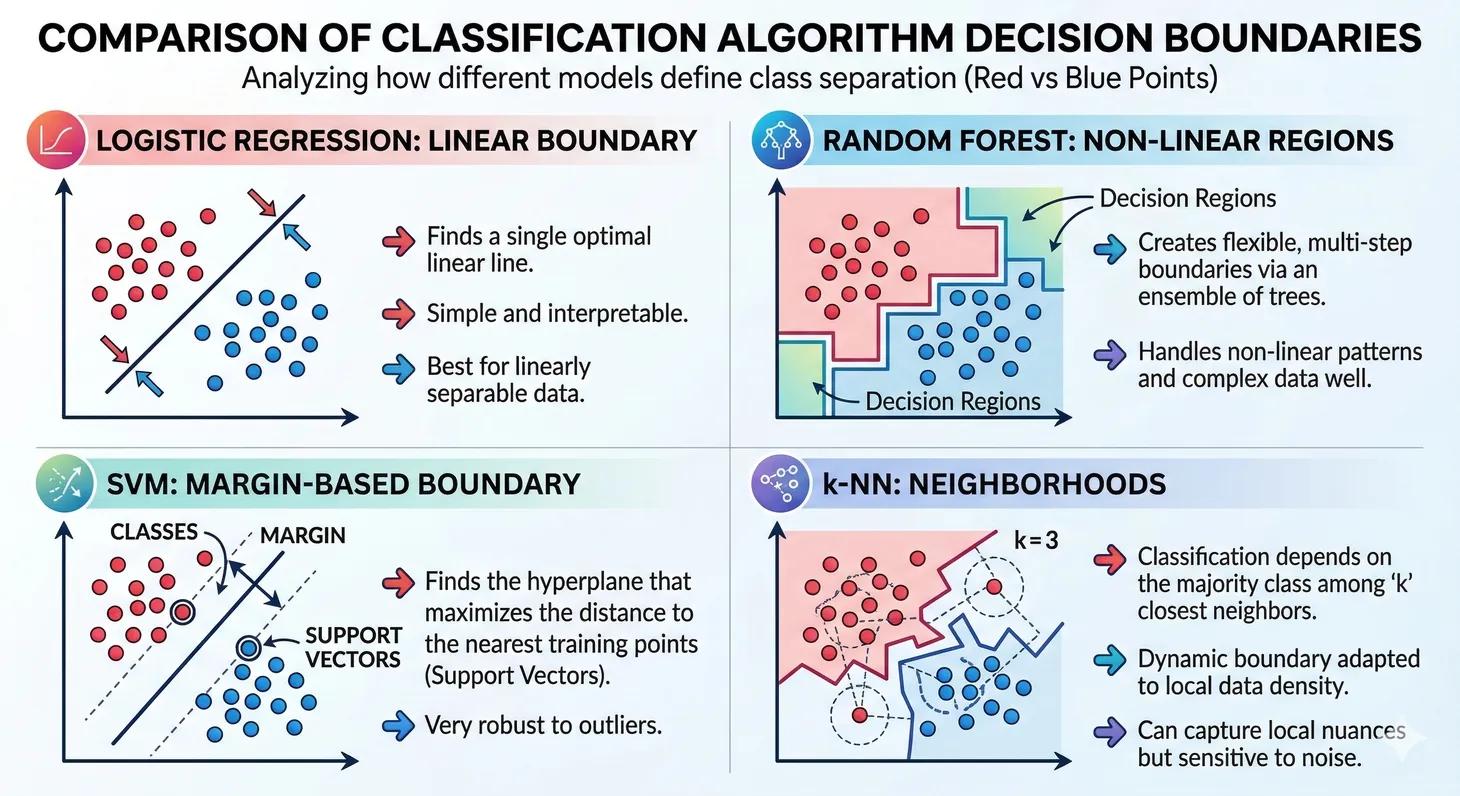 Comparison of classification algorithm decision boundaries: logistic regression linear boundary, random forest non-linear regions, SVM margin, and k-NN neighborhoods