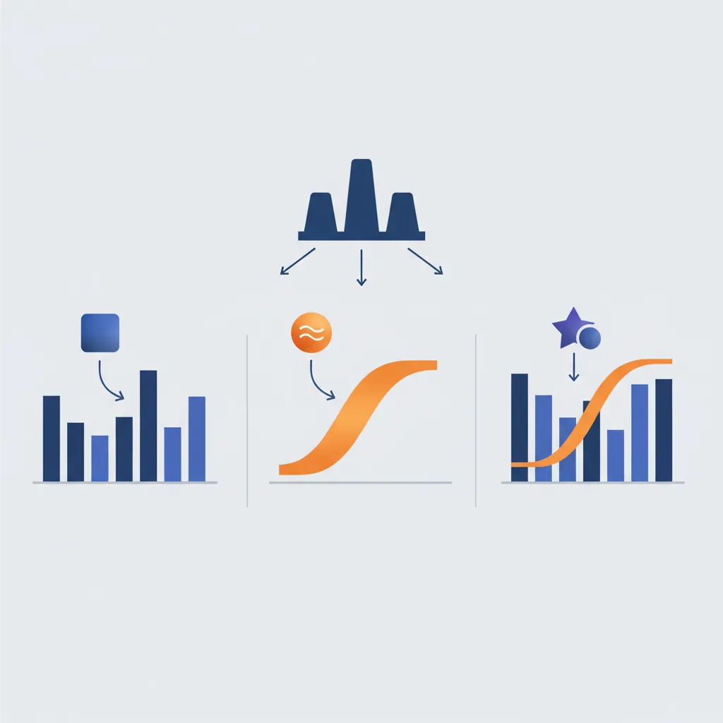 Side-by-side comparison of distribution plot types: histogram with discrete bins, KDE with smooth probability curve, and combined overlay