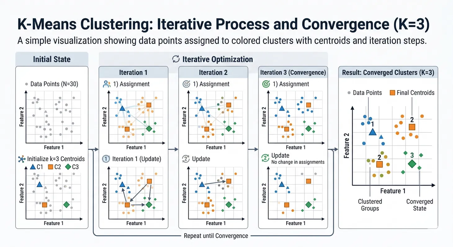 K-Means clustering visualization showing data points assigned to colored clusters with centroid markers and iteration steps
