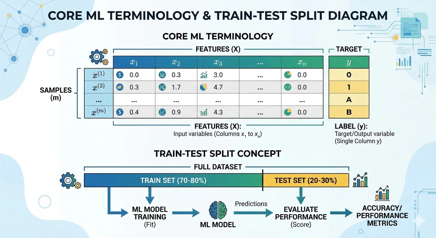 Diagram showing ML terminology: features X as input columns, labels y as target, samples as rows, and train-test split
