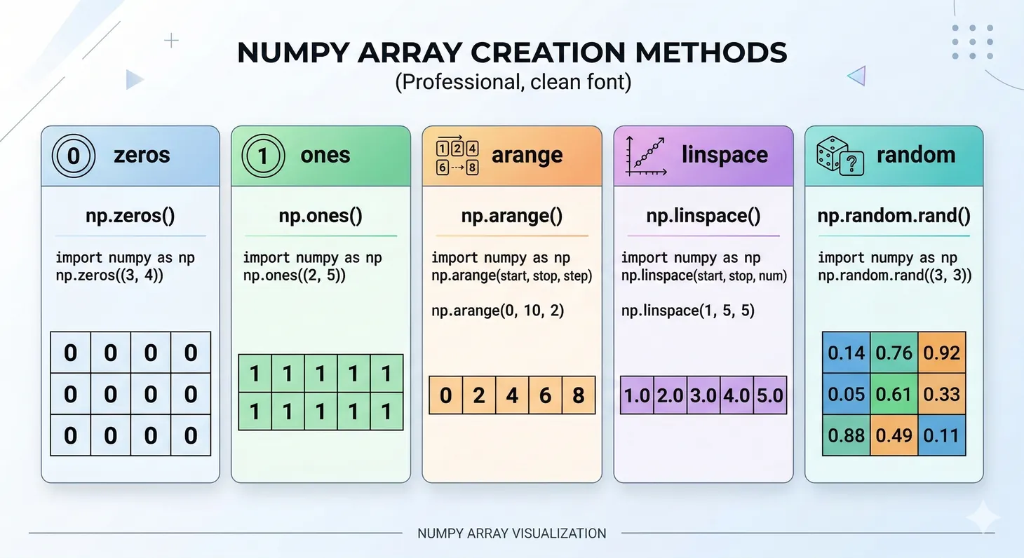 Diagram showing different NumPy array creation methods including zeros, ones, arange, linspace, and random