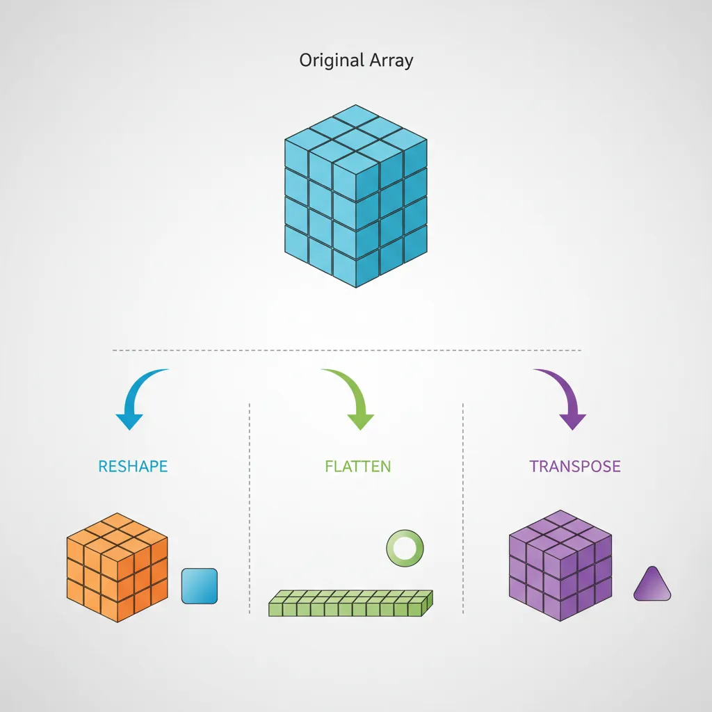 Illustration of NumPy reshape, flatten, and transpose operations transforming array dimensions