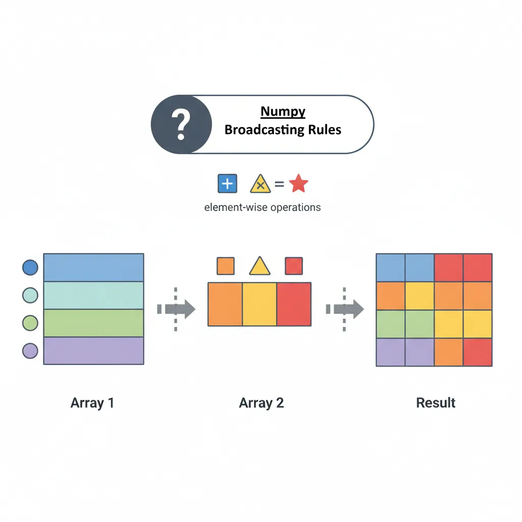 Visual diagram of NumPy broadcasting rules showing how arrays of different shapes are aligned and expanded for element-wise operations