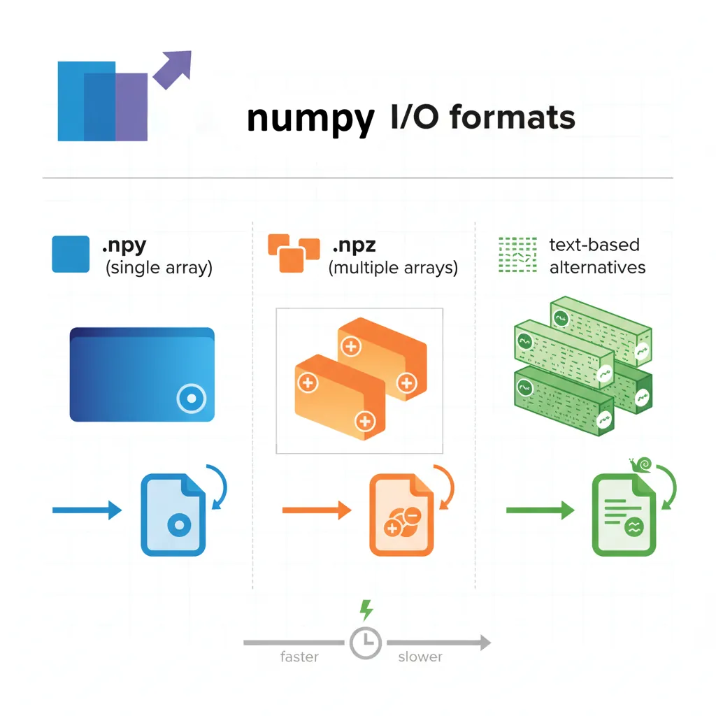 Comparison of NumPy file formats: .npy for single arrays, .npz for multiple arrays, and text-based CSV export