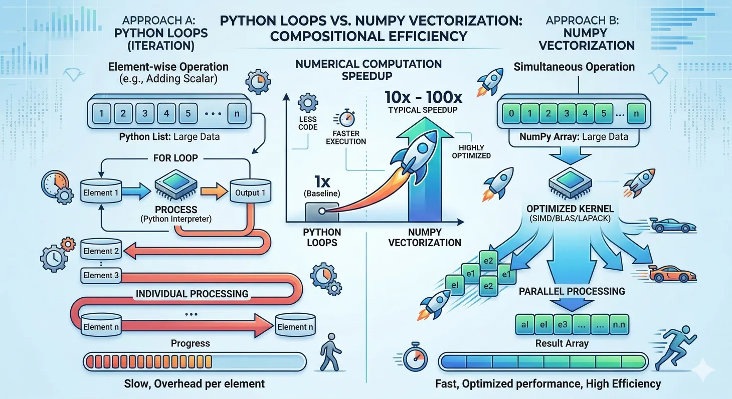 Performance comparison chart showing NumPy vectorized operations versus Python for-loops with speedup factors