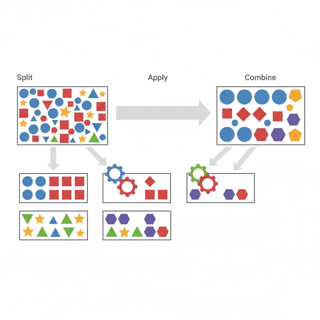 Three-step diagram showing the Pandas GroupBy split-apply-combine pattern with data flowing through each stage