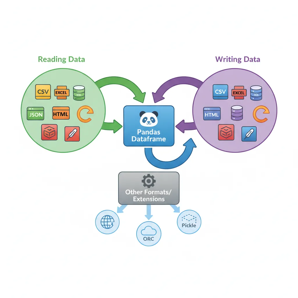 Flowchart showing Pandas read and write operations for CSV, Excel, JSON, SQL, and Parquet file formats