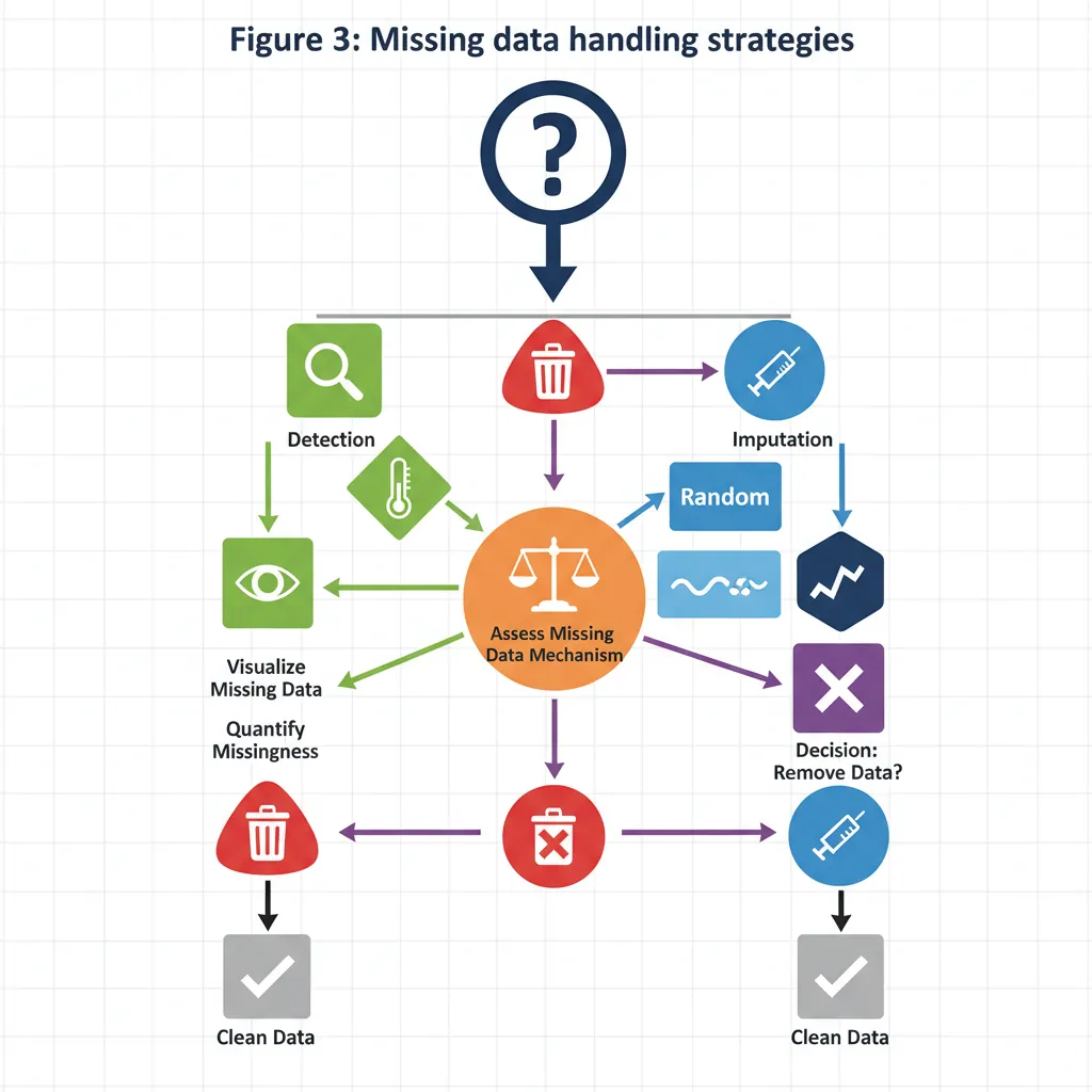 Decision tree for handling missing data in Pandas: detect with isnull, then choose dropna, fillna, or interpolate strategies