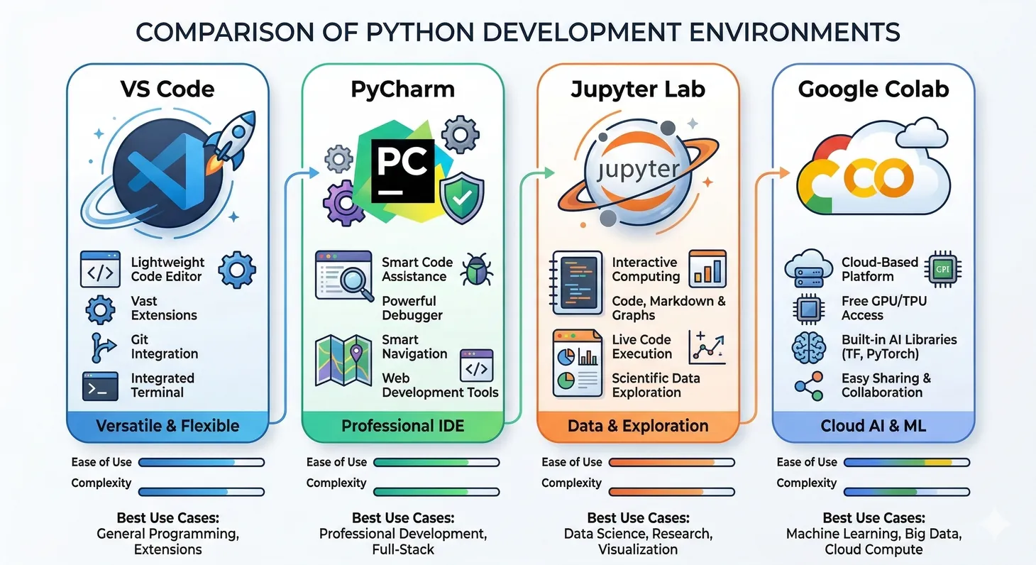 Comparison of four Python development environments showing VS Code, PyCharm, Jupyter Lab, and Google Colab with their key features