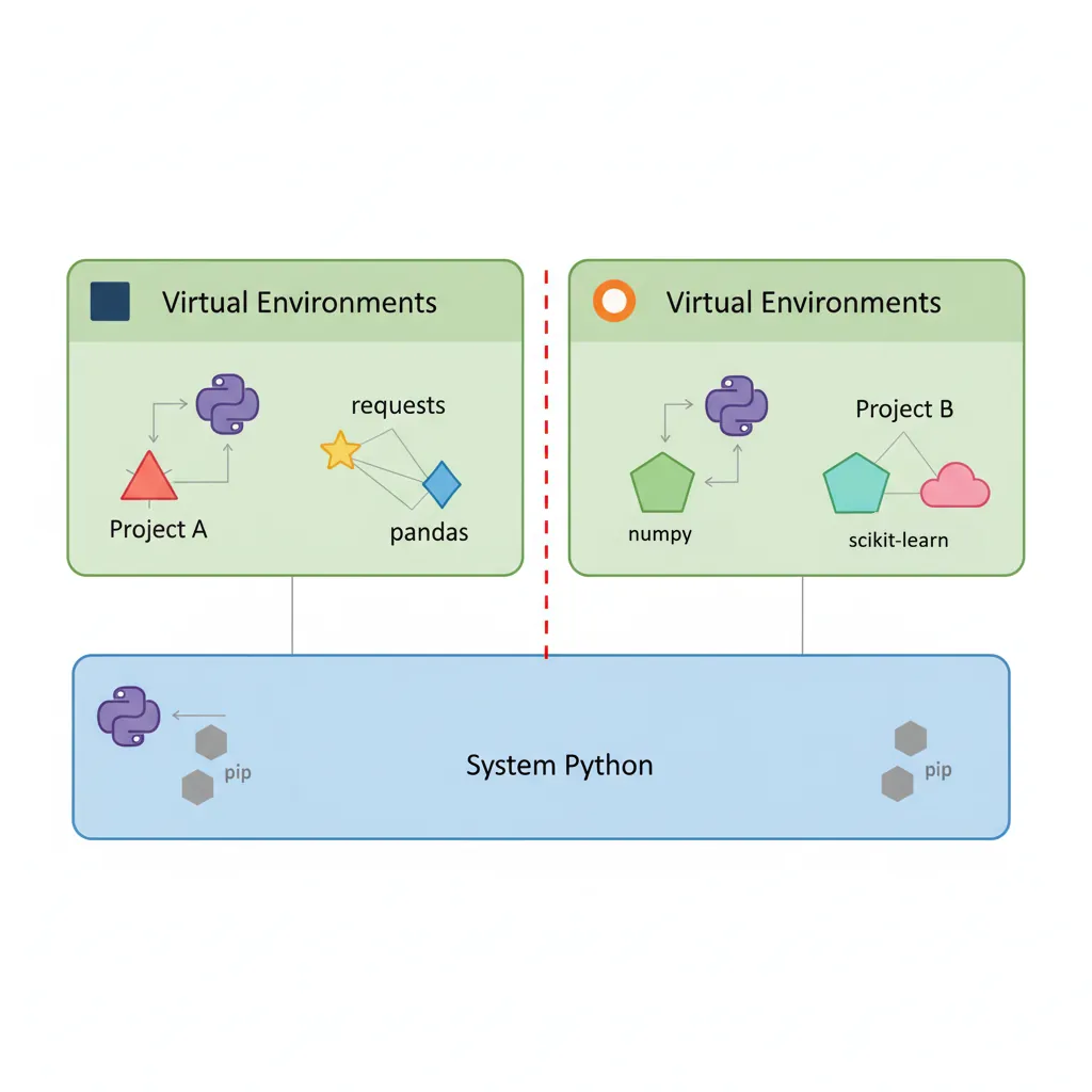 Diagram showing how Python virtual environments isolate project dependencies in separate directories