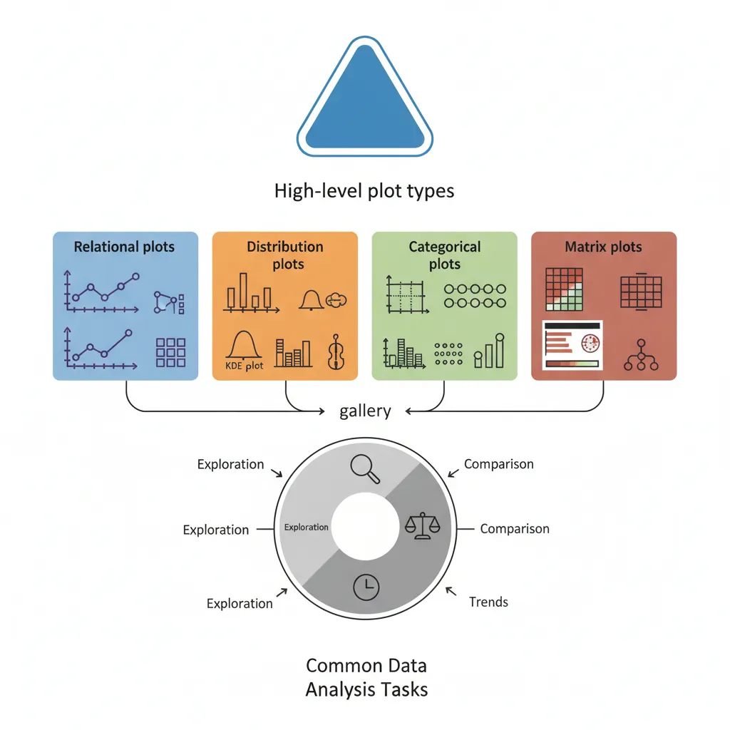 Gallery of Seaborn statistical plot types: scatter, box, violin, heatmap, pair plot, and regression