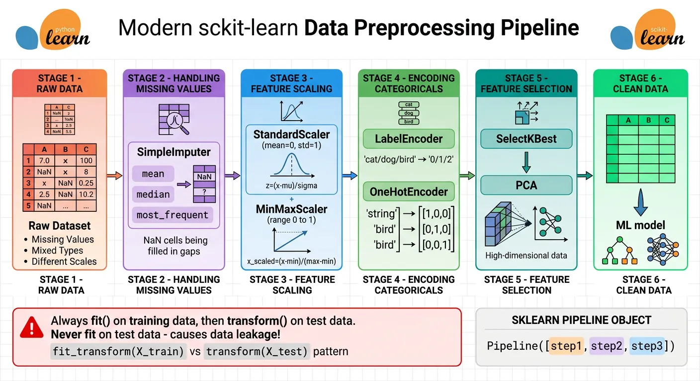 Data preprocessing pipeline showing scaling, encoding categorical variables, handling missing values, and feature selection steps