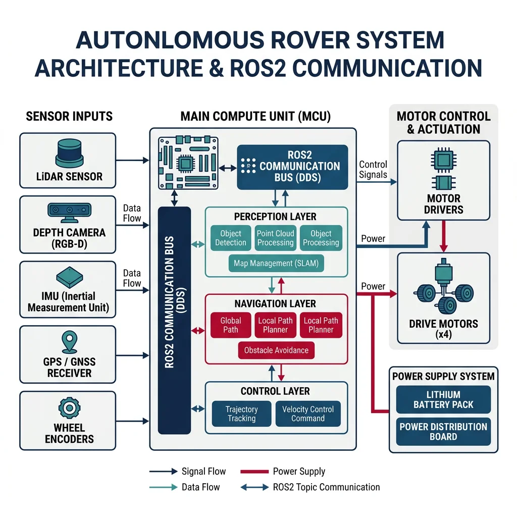System architecture diagram of an autonomous rover showing sensor inputs, compute, motor control, and ROS2 communication