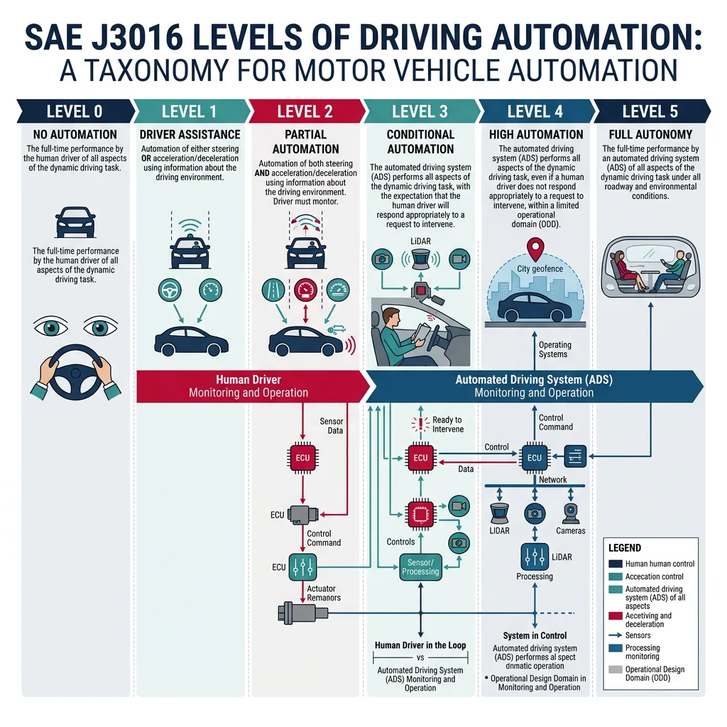 SAE J3016 six levels of driving automation from Level 0 no automation to Level 5 full autonomy
