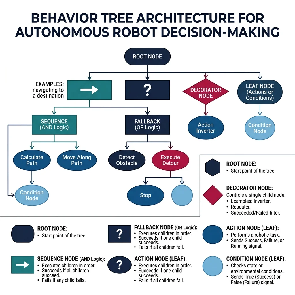 Behavior tree architecture showing sequence, fallback, decorator, and action nodes for robot decision making