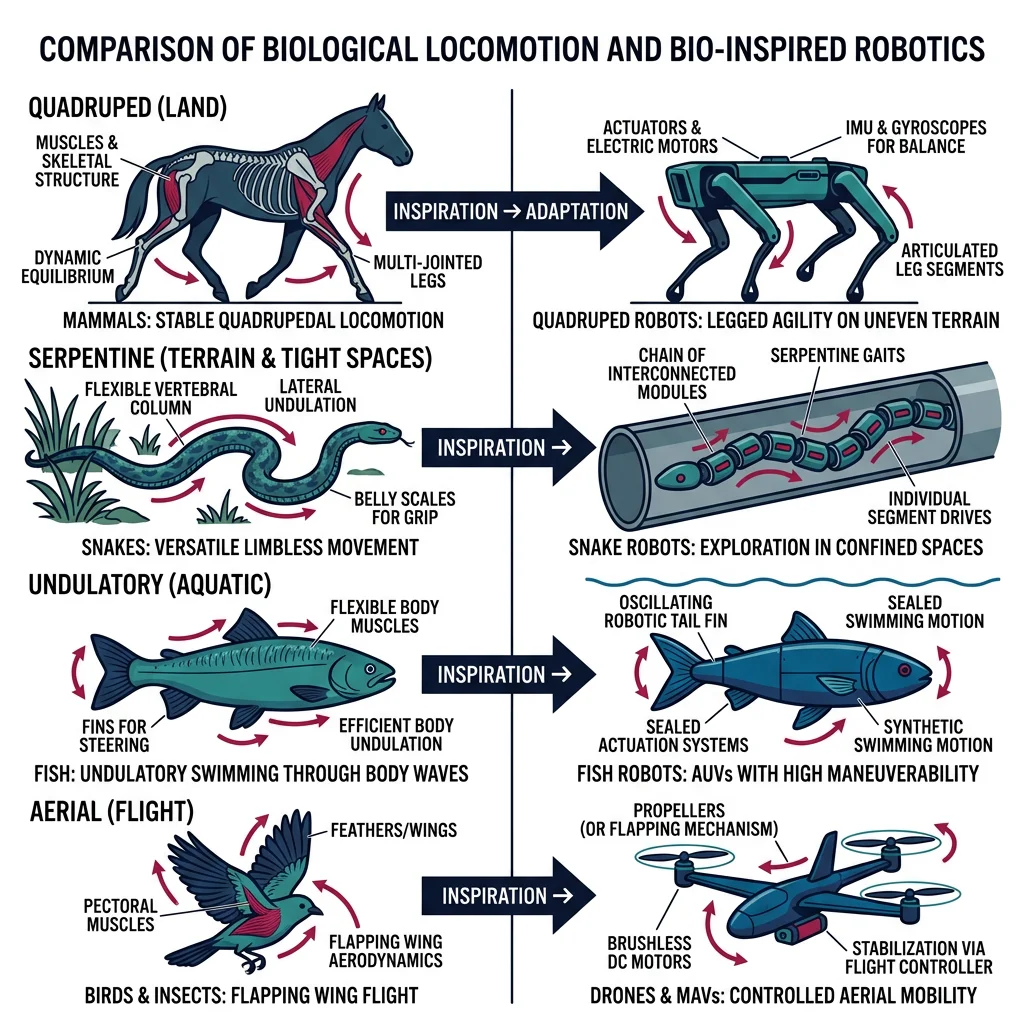 Comparison of biological locomotion strategies and their robotic counterparts including quadruped, snake, and fish robots