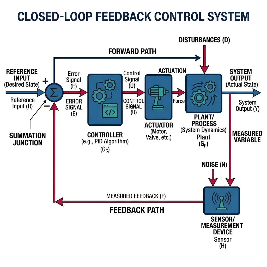 Block diagram of a closed-loop feedback control system showing reference, error, controller, plant, and sensor
