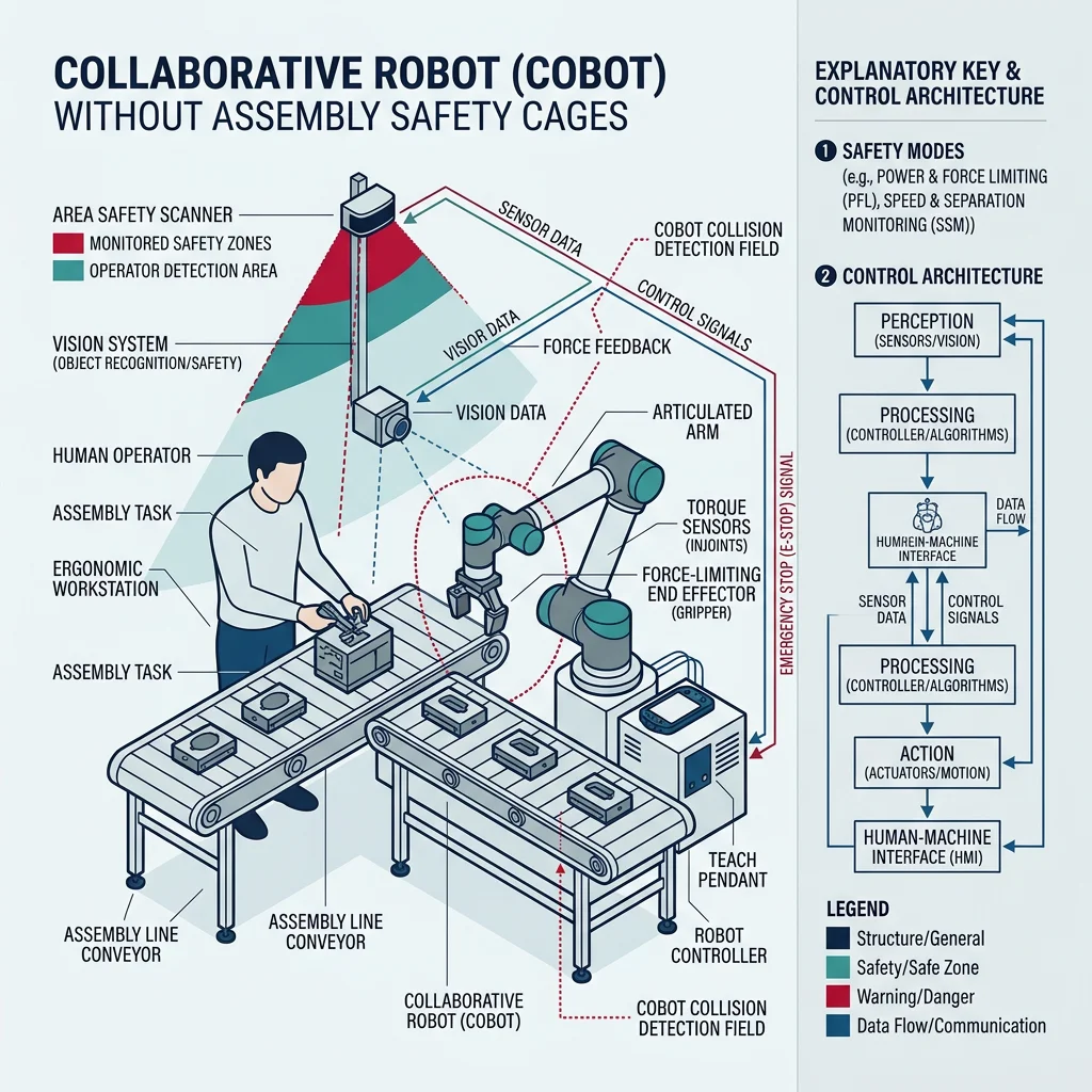 Collaborative robot working alongside a human operator on an assembly line without safety cages
