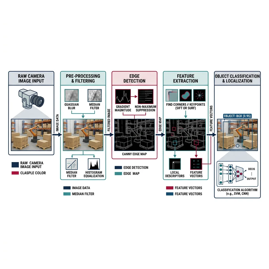 Computer vision processing pipeline showing raw camera image transforming through filtering, edge detection, feature extraction, and object classification stages