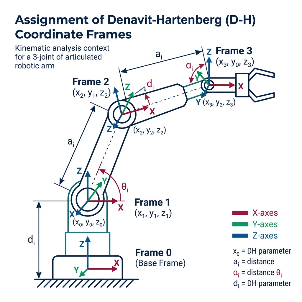 Robot arm with coordinate frames attached to each joint showing XYZ axes orientation