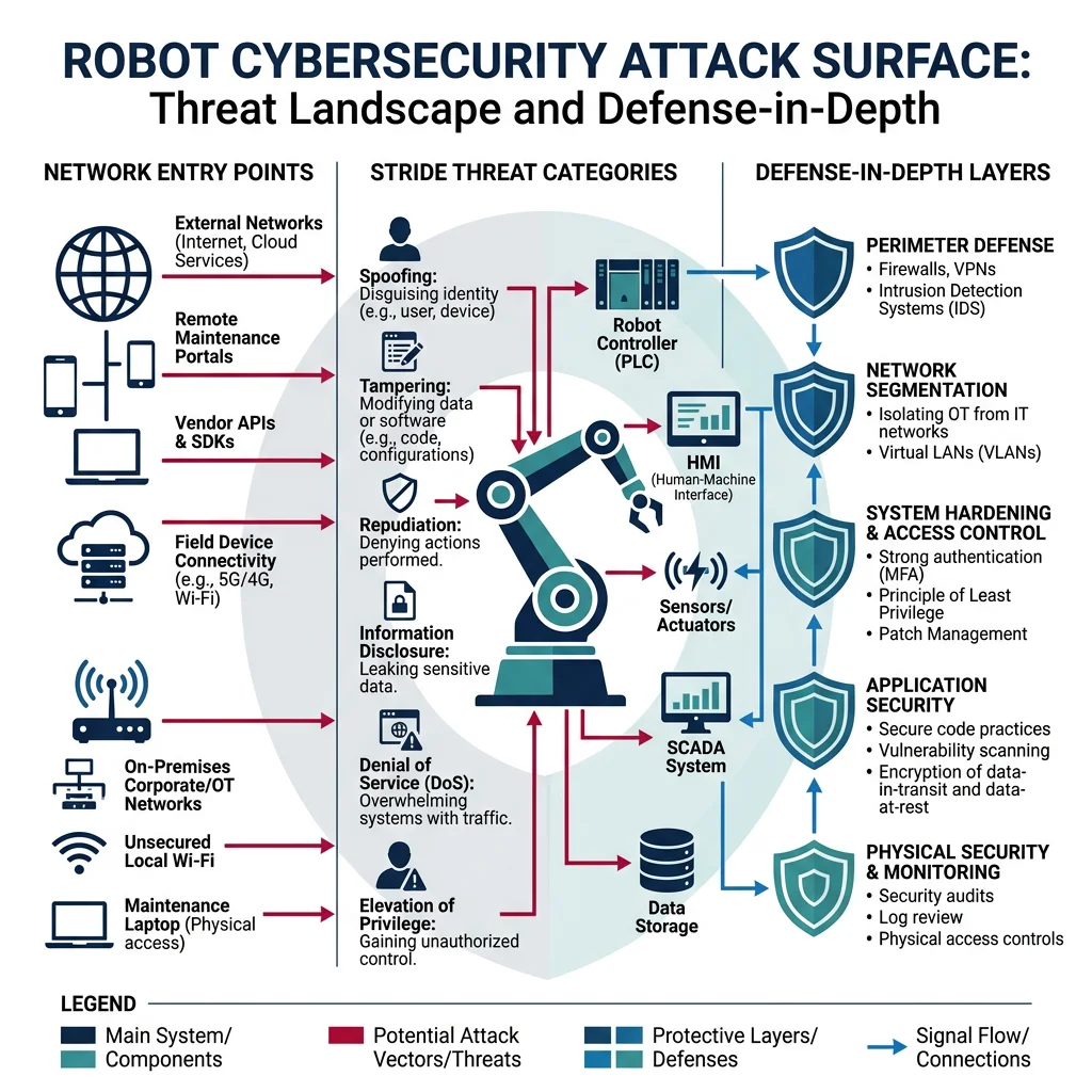 Robot cybersecurity attack surface showing network entry points, STRIDE threat categories, and defense layers