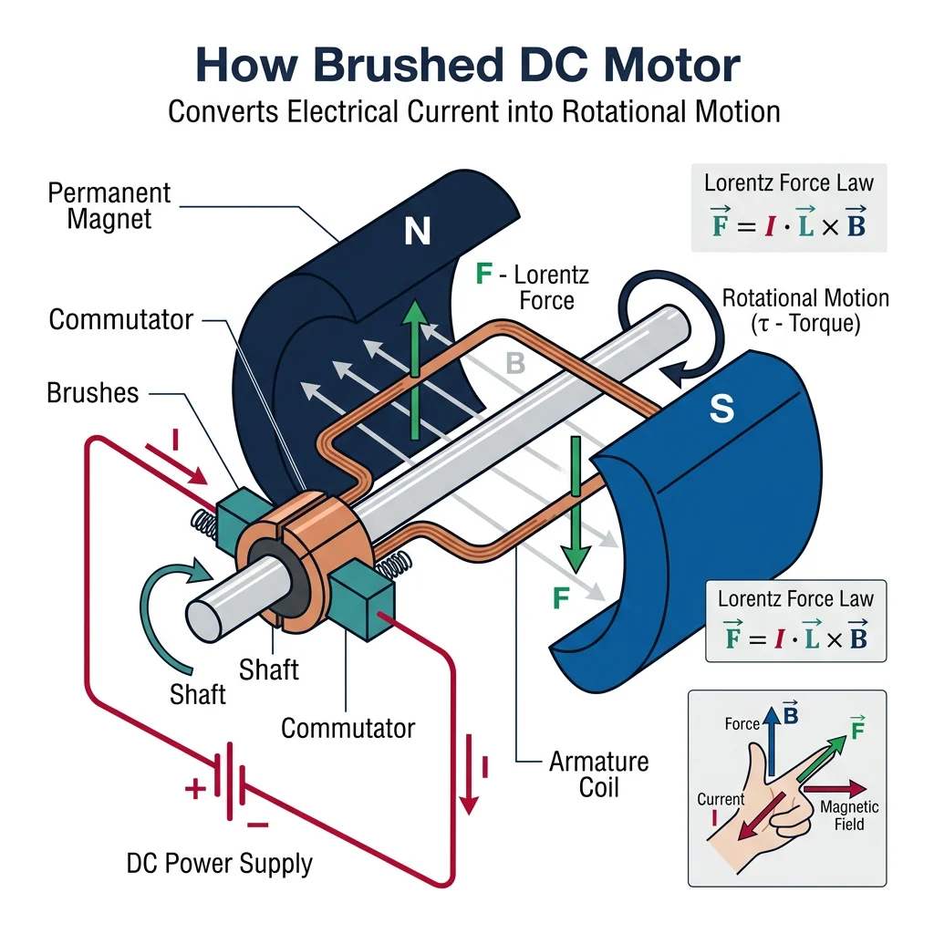 Diagram showing how a brushed DC motor converts electrical current into rotational motion via the Lorentz force on a coil in a magnetic field
