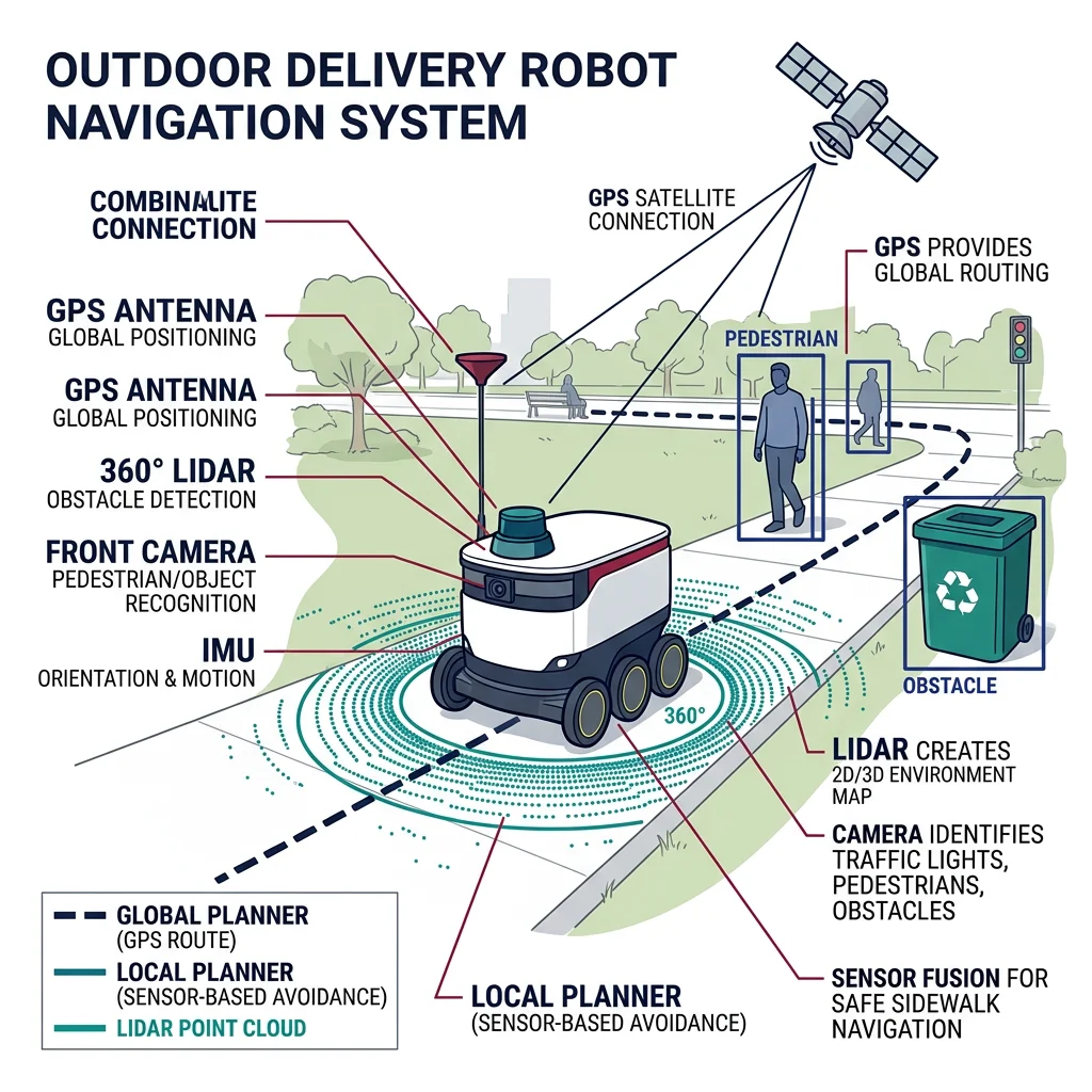 Outdoor delivery robot navigation system combining GPS, LiDAR, and camera sensors for sidewalk navigation