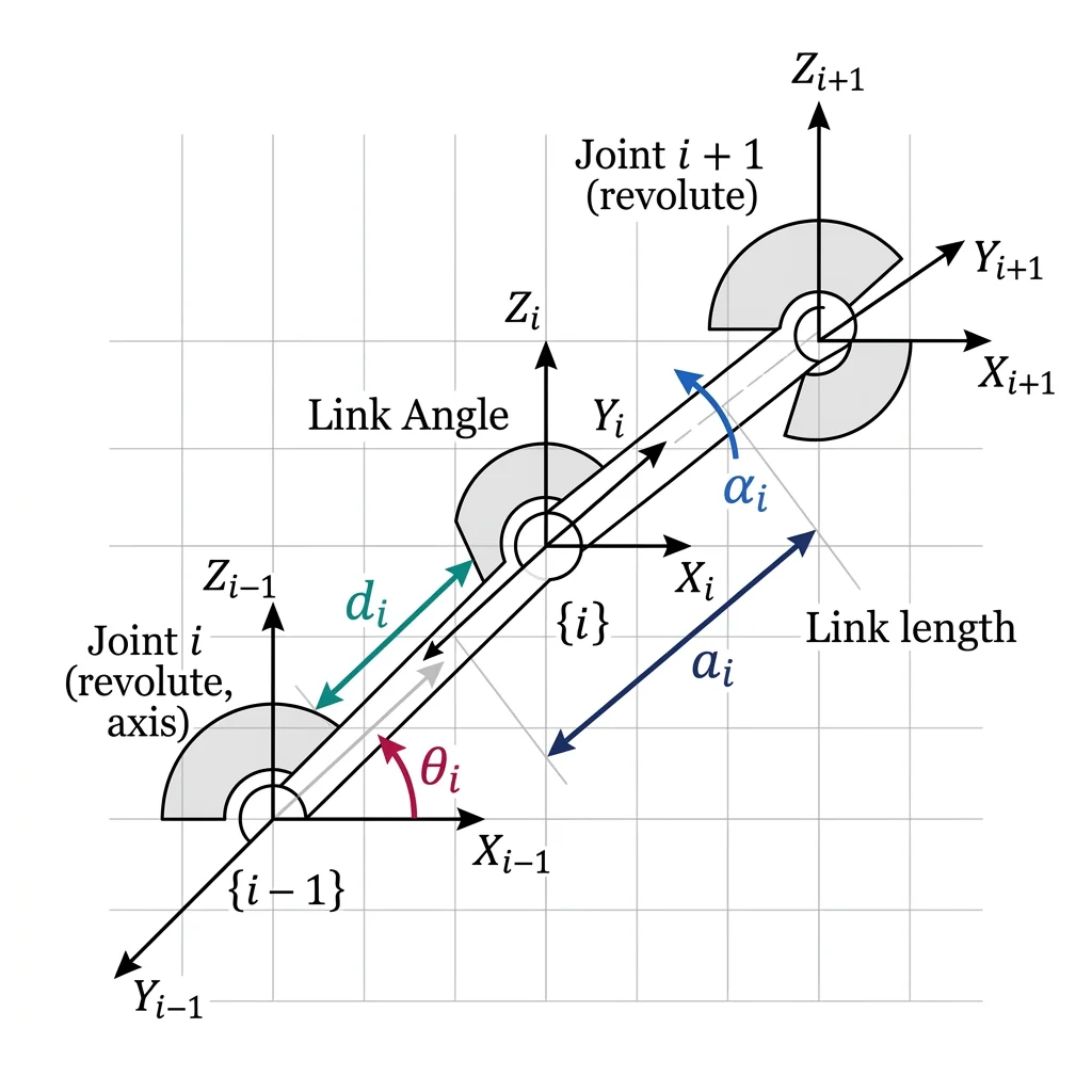 Diagram illustrating the four Denavit-Hartenberg parameters: joint angle, link offset, link length, and link twist
