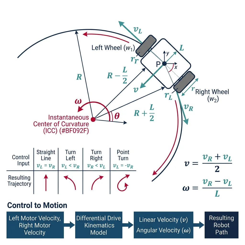 Differential drive robot kinematics showing wheel velocities, Instantaneous Center of Curvature, and resulting trajectory