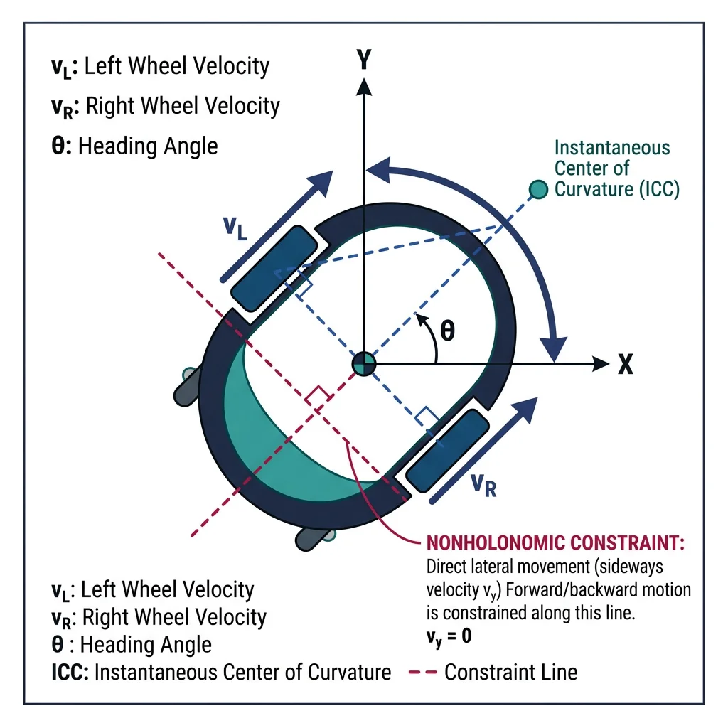 Differential drive mobile robot showing wheel velocities, heading angle, and nonholonomic motion constraints