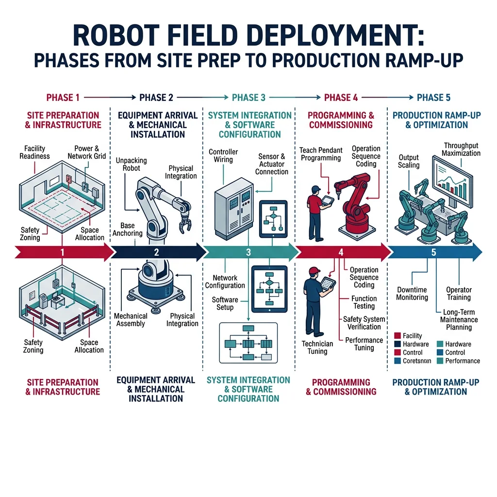Timeline diagram showing the phases of robot field deployment from site preparation to production ramp-up