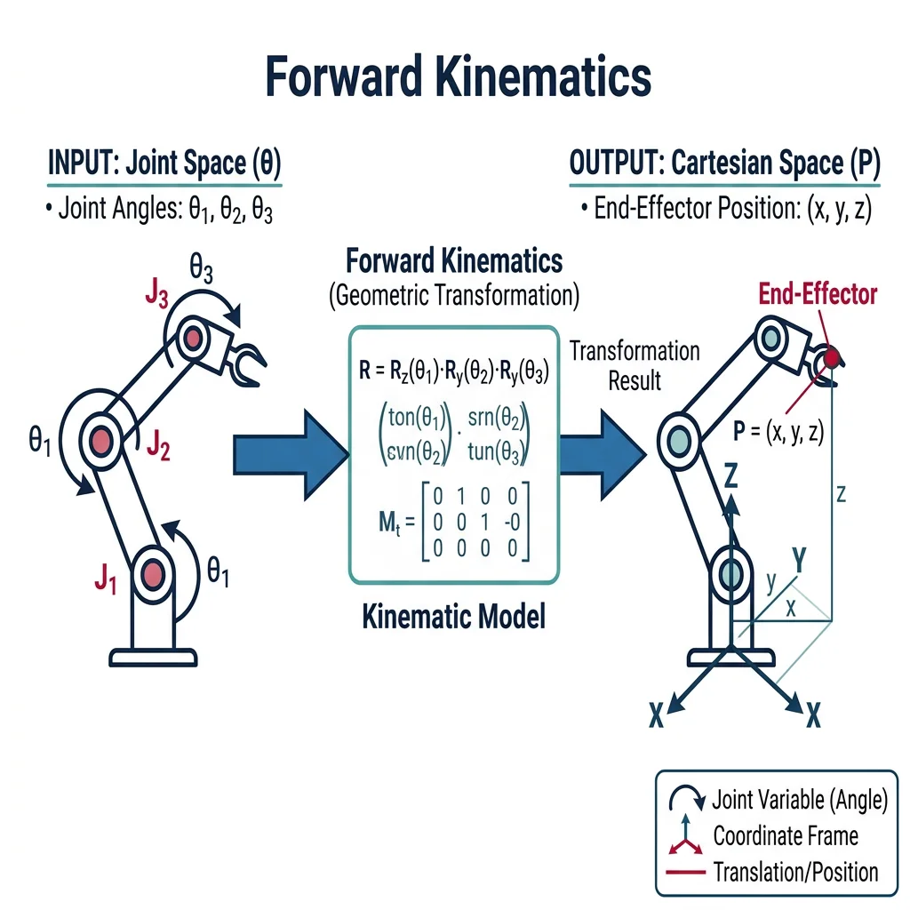 Diagram showing forward kinematics mapping from joint angles to end-effector position in Cartesian space