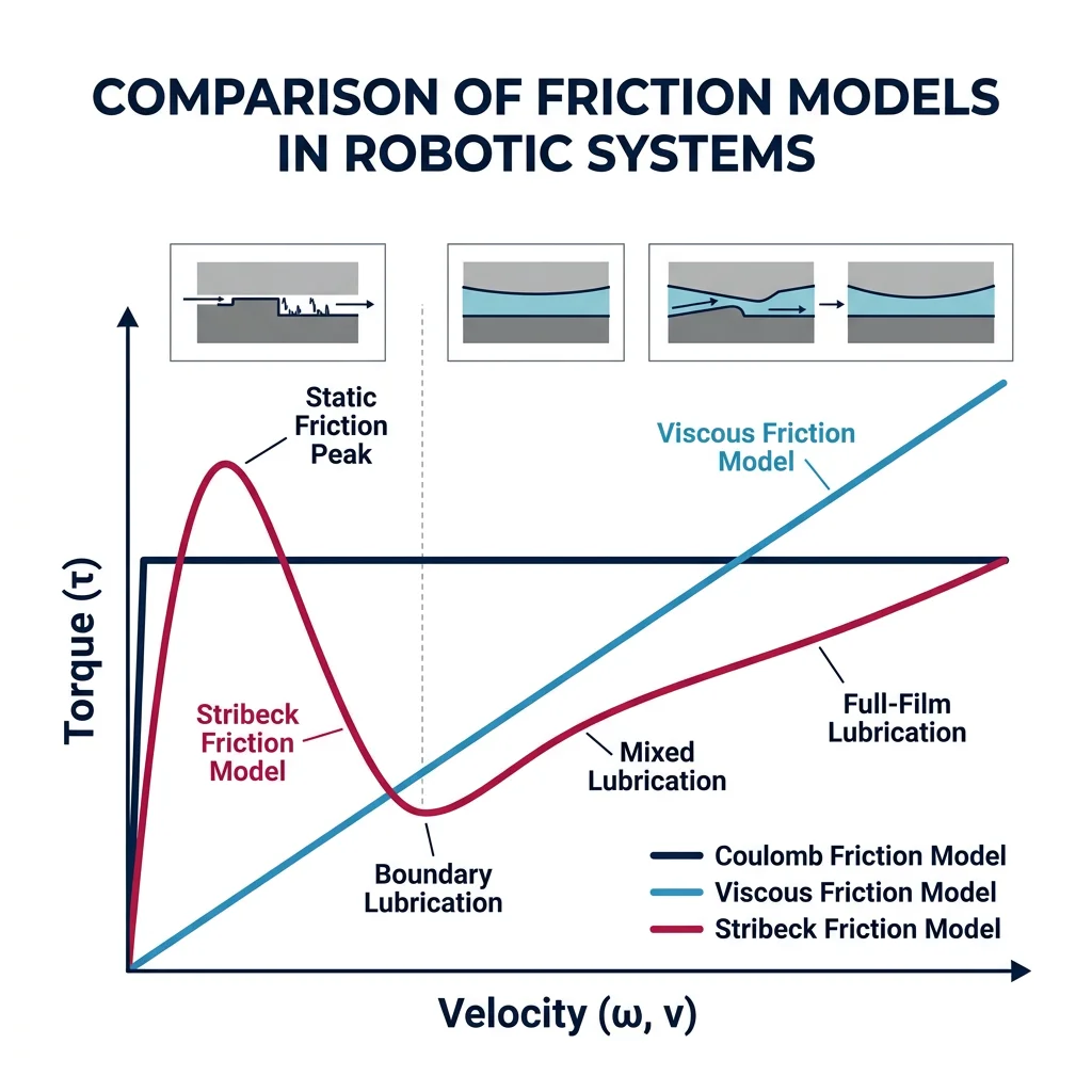 Graph comparing Coulomb, viscous, and Stribeck friction models showing torque versus velocity curves