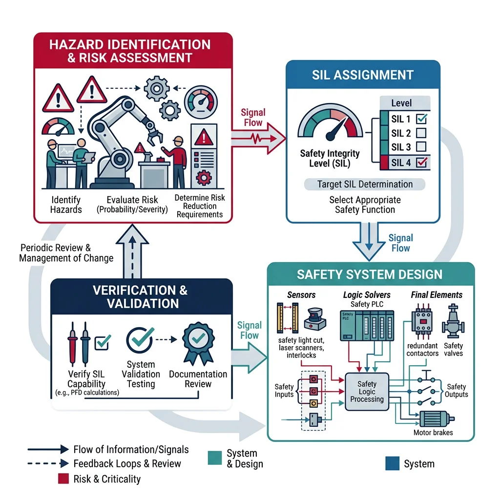 Functional safety lifecycle showing hazard identification, SIL assignment, safety system design, and verification stages