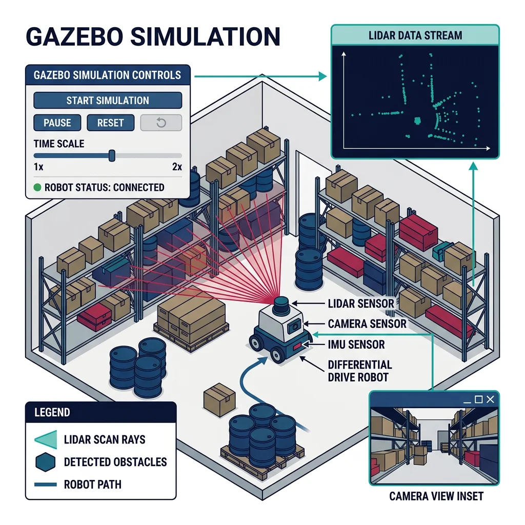 Gazebo simulation environment showing a differential drive robot with LiDAR and camera sensors navigating a virtual warehouse with physics simulation