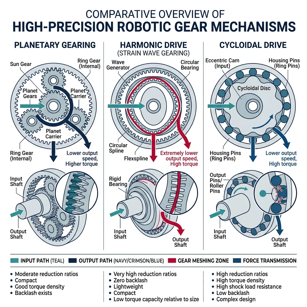 Side-by-side comparison of planetary, harmonic drive, and cycloidal gear mechanisms showing internal meshing geometry and torque transmission paths