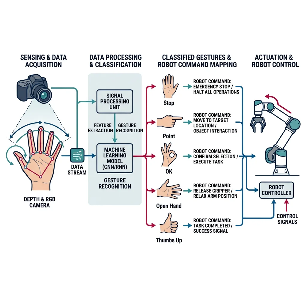 Hand gesture recognition system showing classified gestures mapped to robot commands: stop, point, OK, open hand, thumbs up