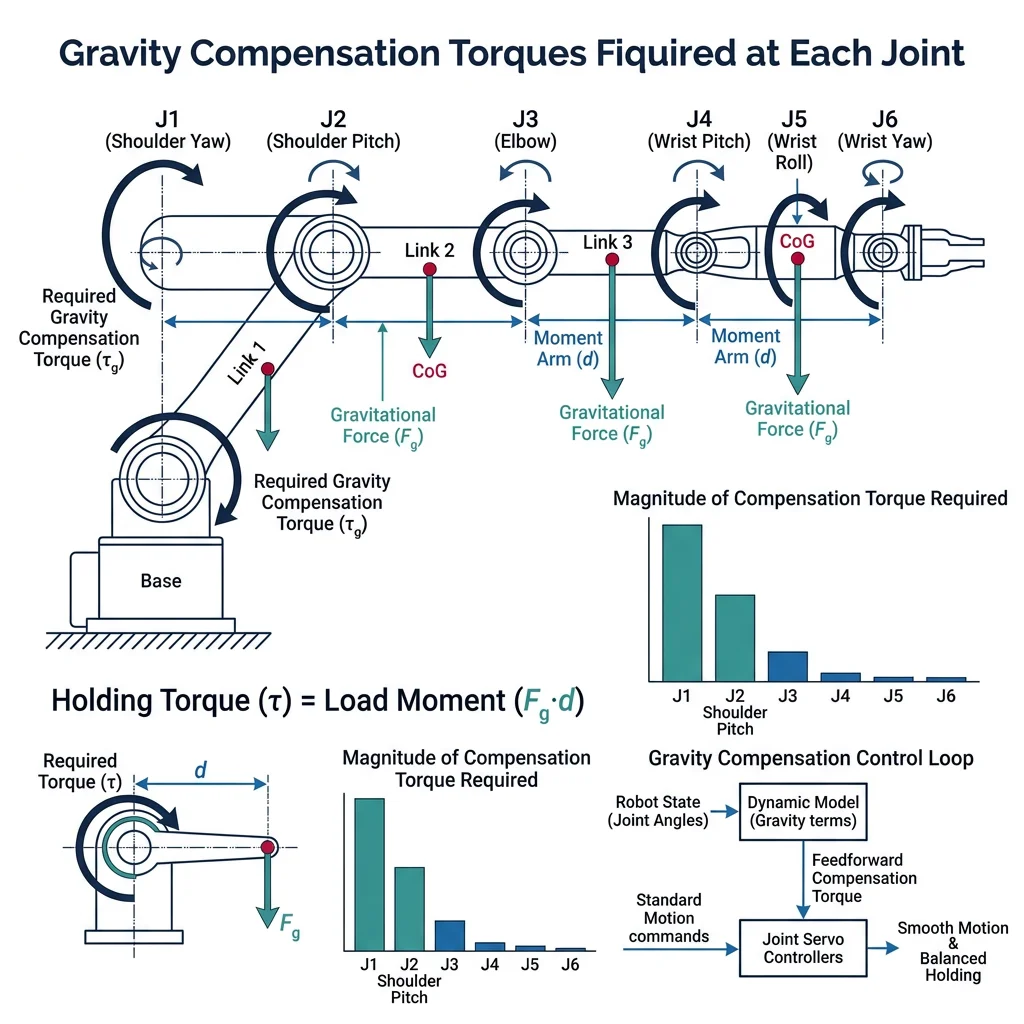 Illustration of gravity compensation torques required at each joint of a fully extended robot arm