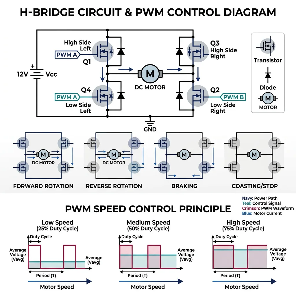 H-bridge circuit diagram showing four transistors controlling bidirectional current flow through a DC motor with PWM speed control