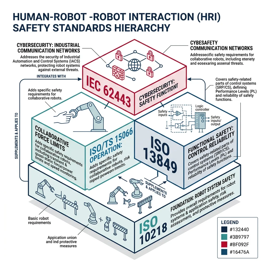 HRI safety standards hierarchy showing ISO 10218, ISO/TS 15066, ISO 13849, and IEC 62443 relationships