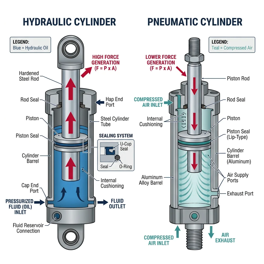 Cross-section comparison of hydraulic cylinder and pneumatic cylinder showing piston, seals, fluid ports, and force generation