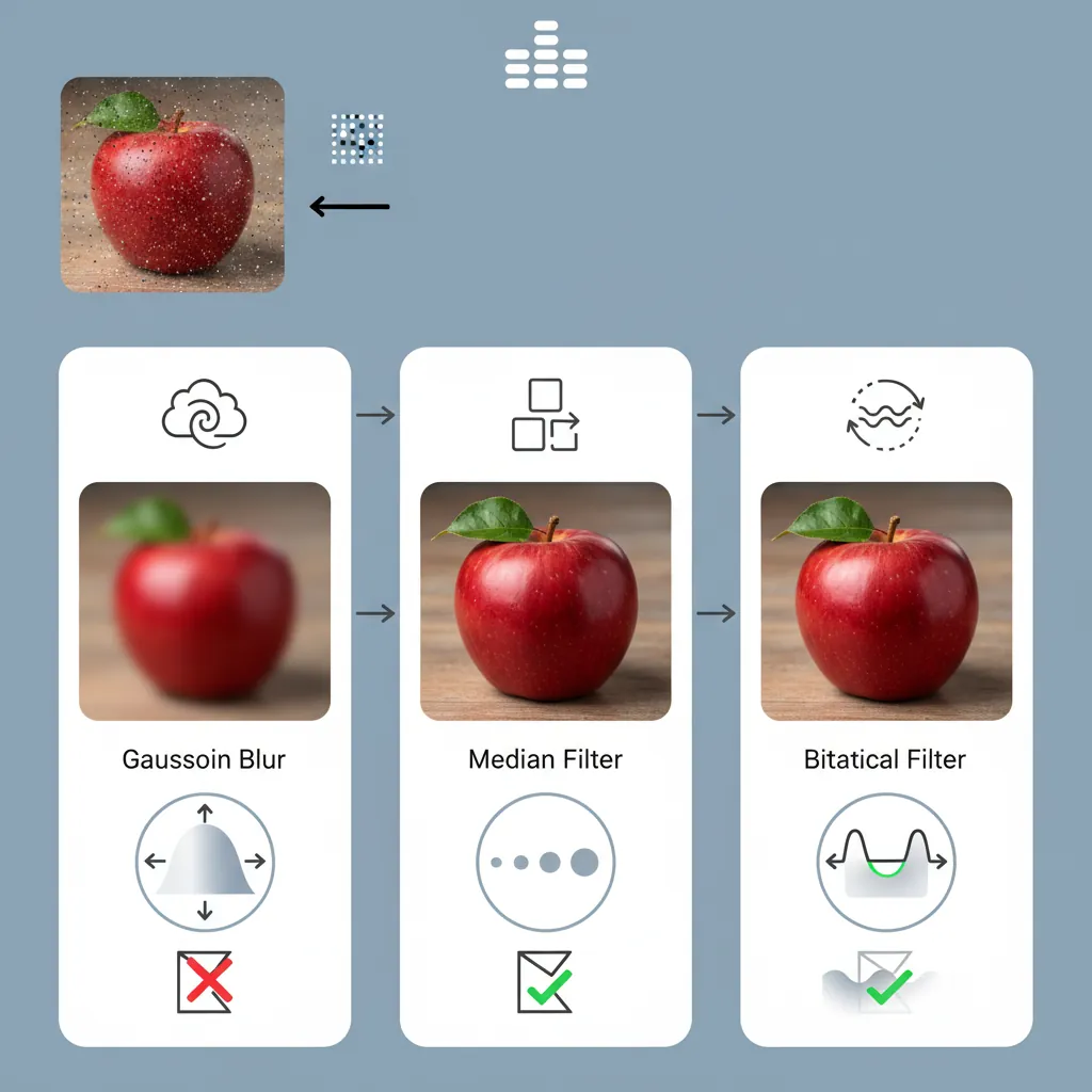 Side-by-side comparison of image filtering results showing original noisy image, Gaussian blur, median filter, and bilateral filter outputs