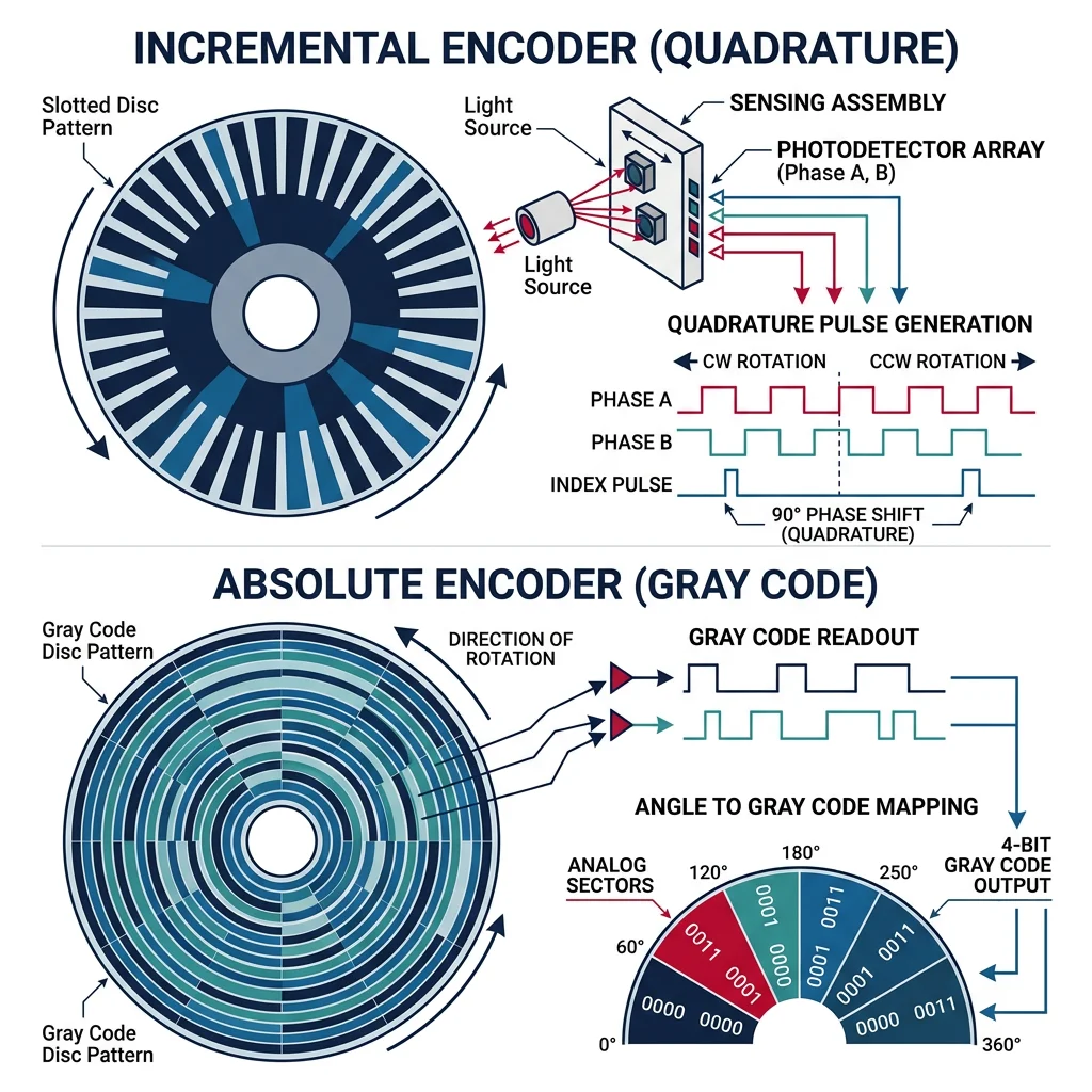 Incremental and absolute encoder disc patterns showing slotted disc with photodetector for quadrature pulse generation and Gray code disc for absolute position