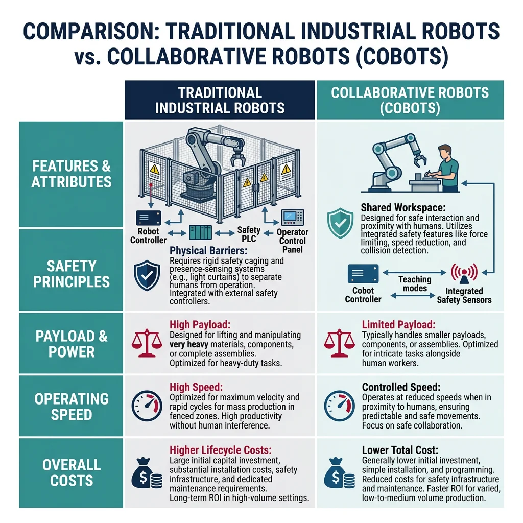 Comparison table of traditional industrial robots versus collaborative robots showing safety, payload, speed, and cost differences