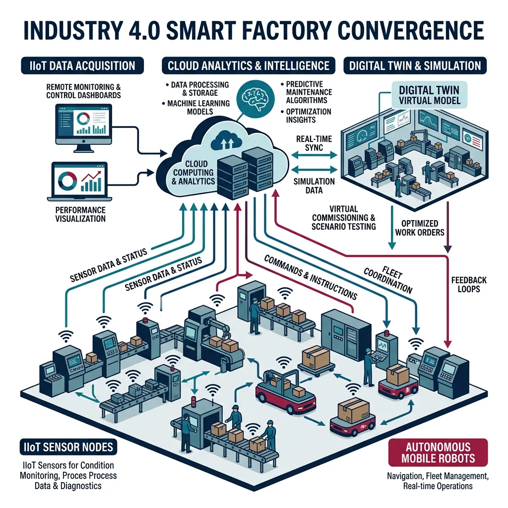 Industry 4.0 smart factory showing IIoT sensors, digital twins, cloud analytics, and autonomous robots working together