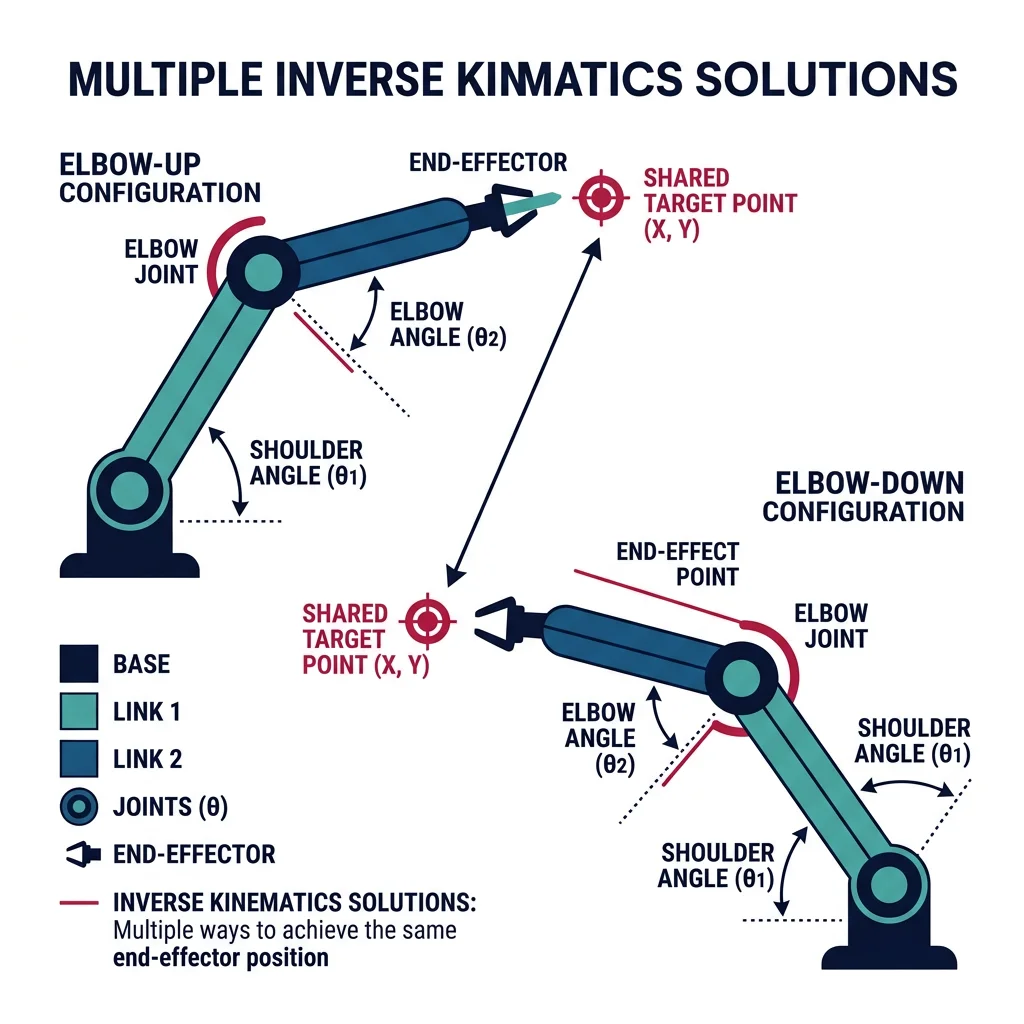 Robot arm showing multiple inverse kinematics solutions with elbow-up and elbow-down configurations