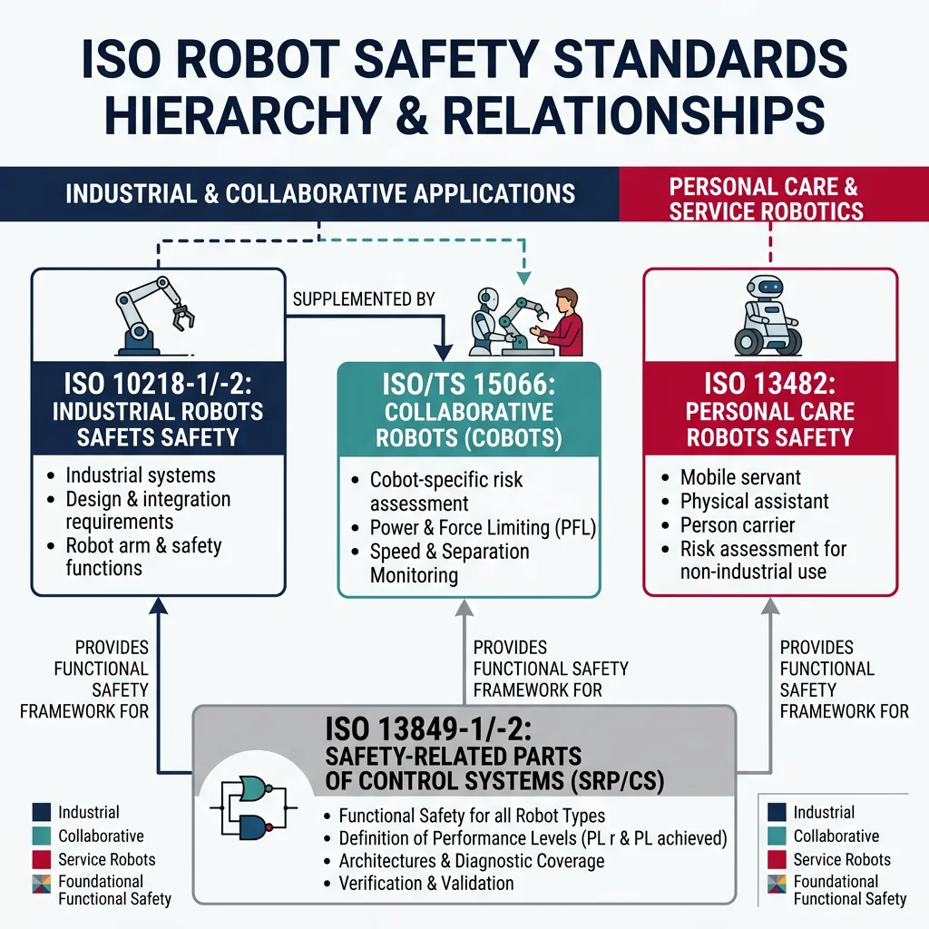 ISO robot safety standards hierarchy showing ISO 10218, ISO/TS 15066, ISO 13482, and ISO 13849 relationships and scopes