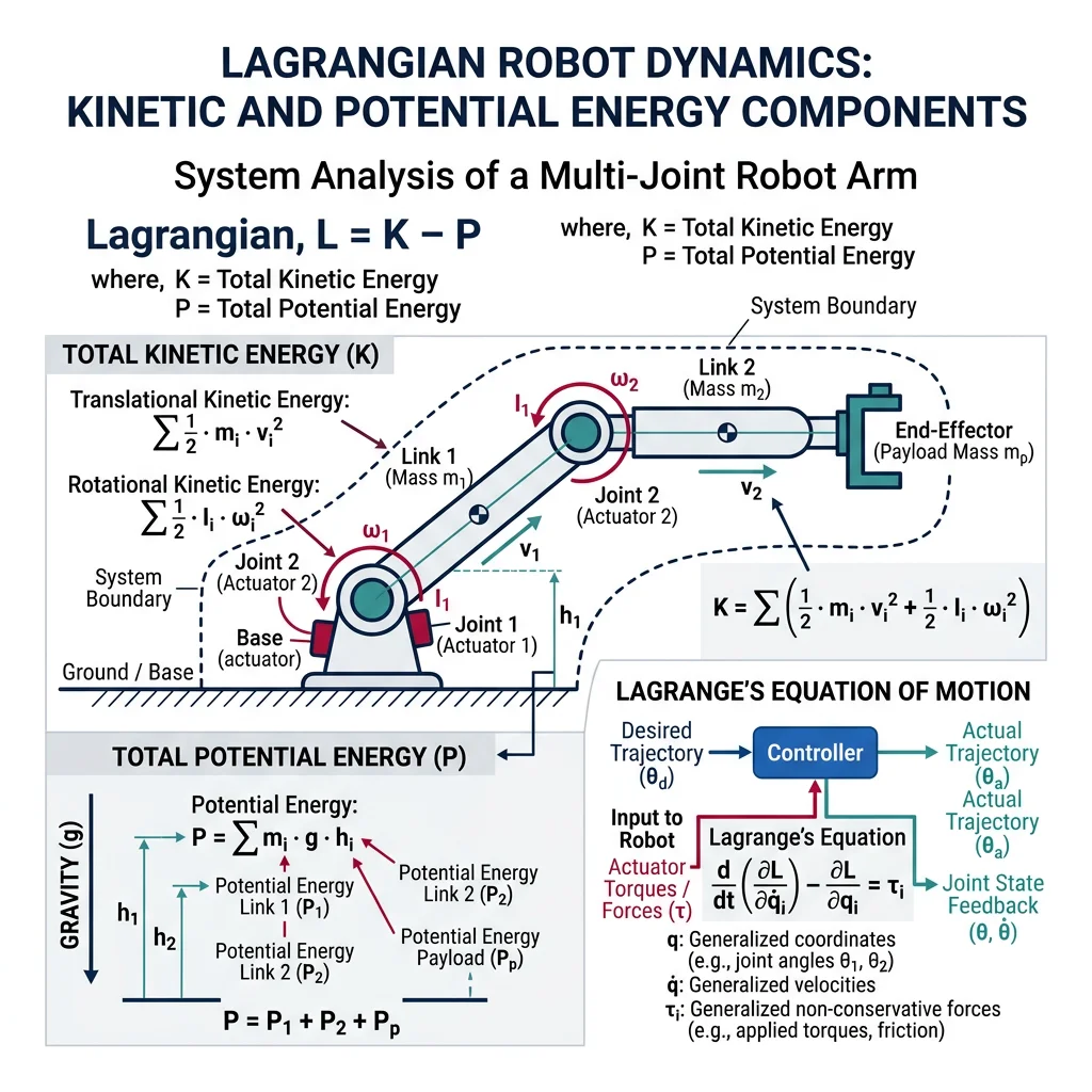Diagram illustrating kinetic and potential energy components in Lagrangian robot dynamics
