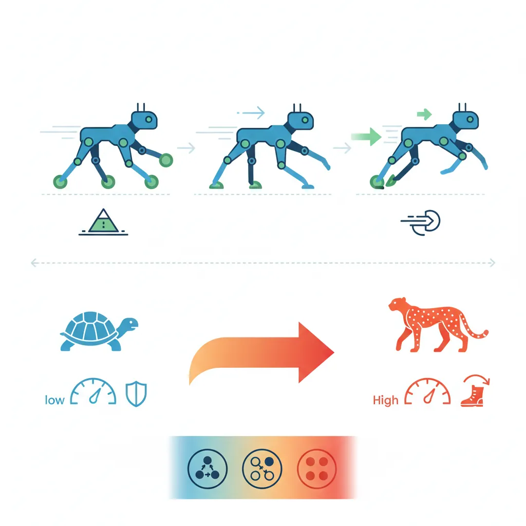 Legged robot gait patterns showing walk, trot, and gallop phases for quadruped locomotion