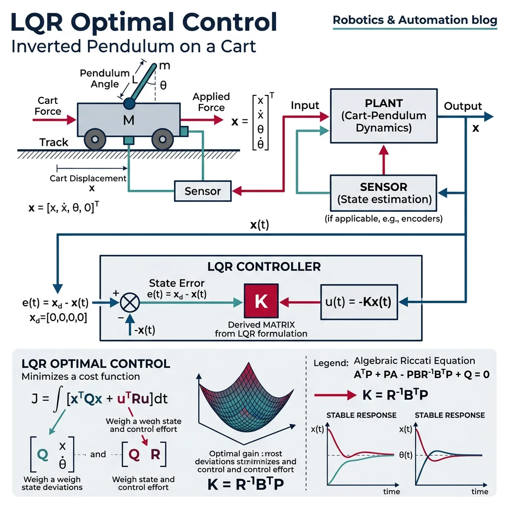 LQR optimal control applied to an inverted pendulum on a cart showing state feedback and cost function minimization